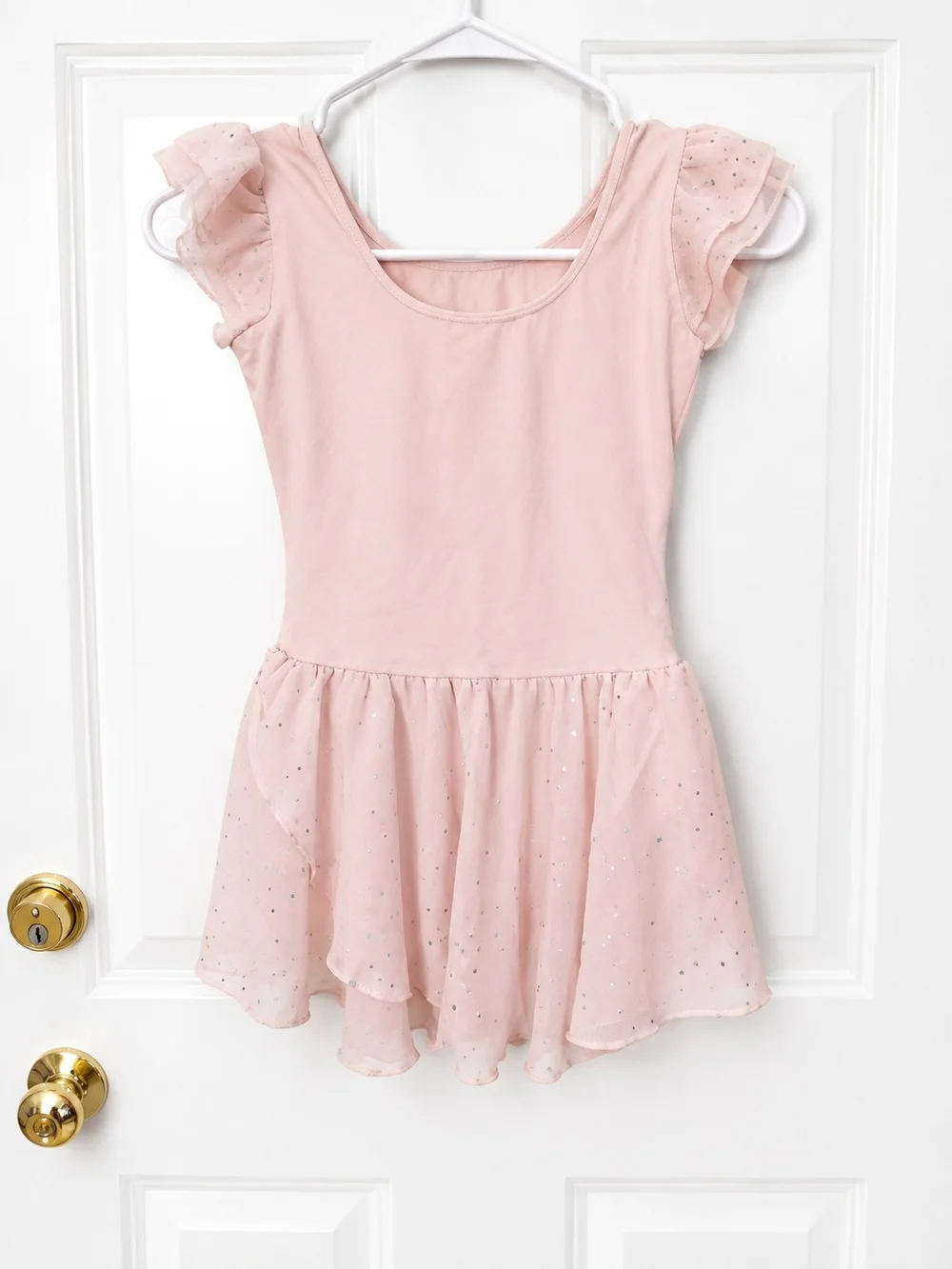 Girls Pink Sparkle Ruffle Dance Leotard With Attached Sparkle Skirt